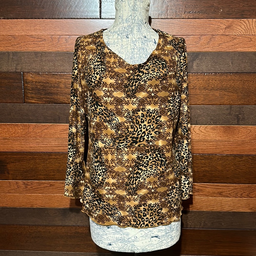 Fashion Bug Scoop Neck Long Sleeve Brown and Black Animal Print Blouse